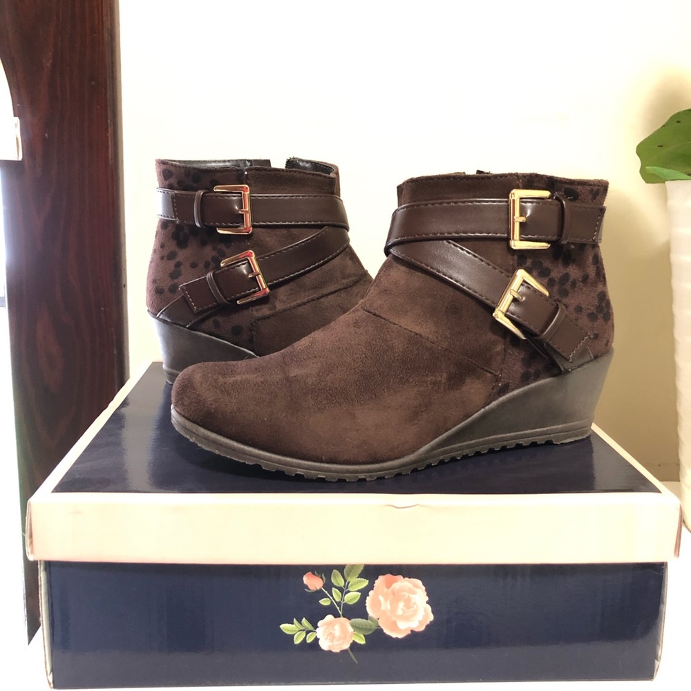 Brown & Black Animal Print Wedge Ankle Bootie